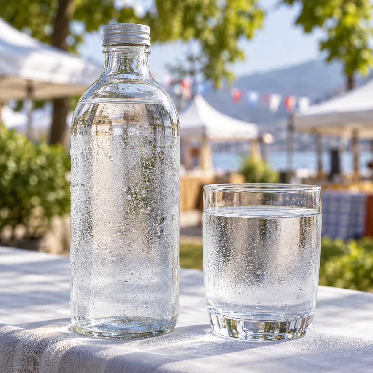 Flasche und Glas mit stillem Wasser